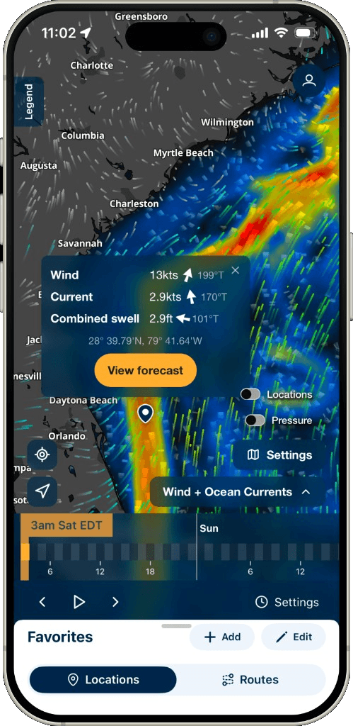 Current and Wind Against Current on the map