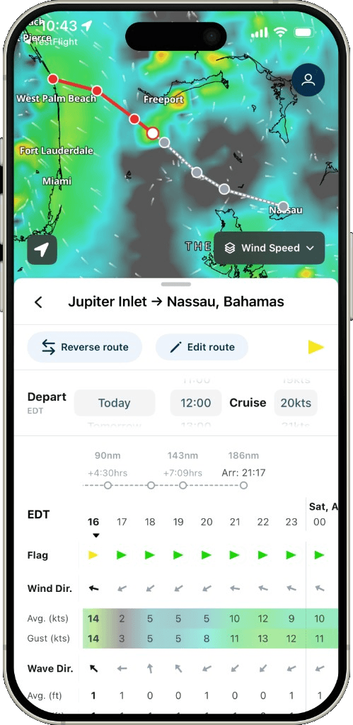 Route forecast from Jupiter Inlet to Nassau